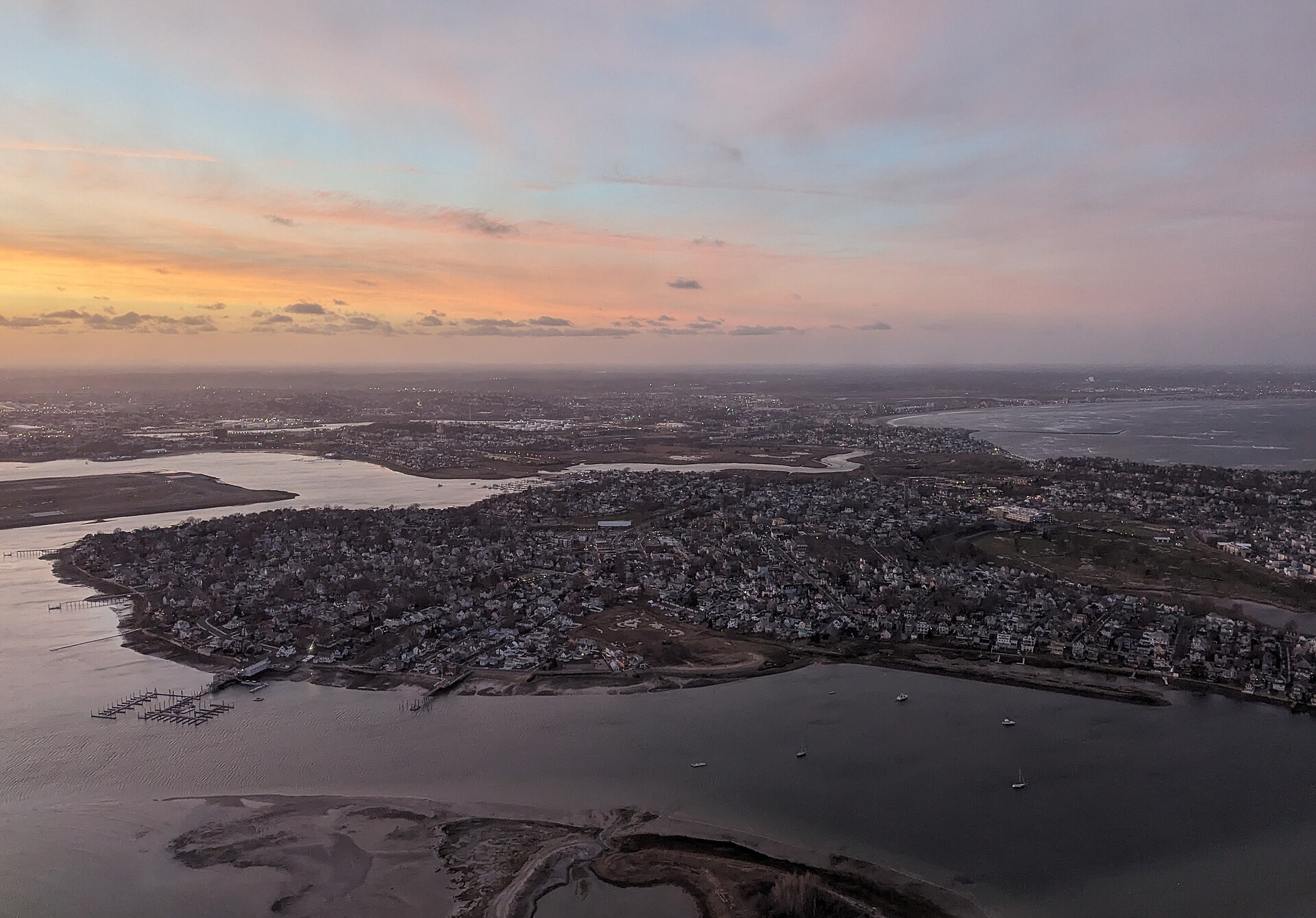 Aerial view of Winthrop, Massachusetts, at sunset in March 2024.
