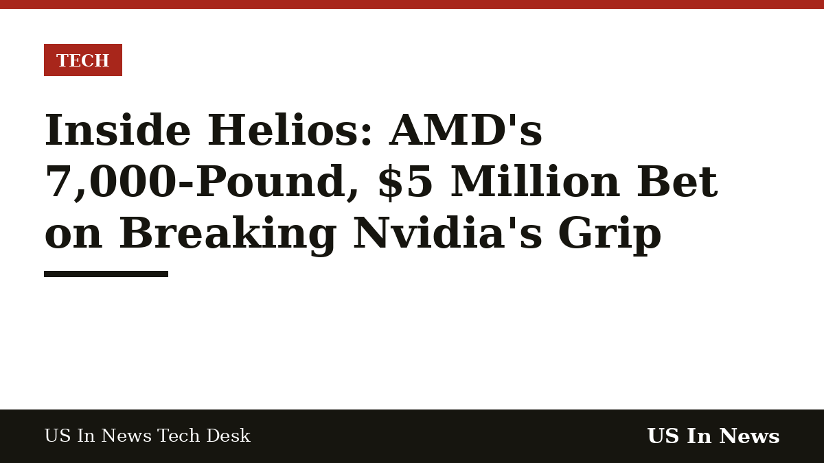 Headline card reading: Inside Helios: AMD's 7,000-Pound, $5 Million Bet on Breaking Nvidia's Grip