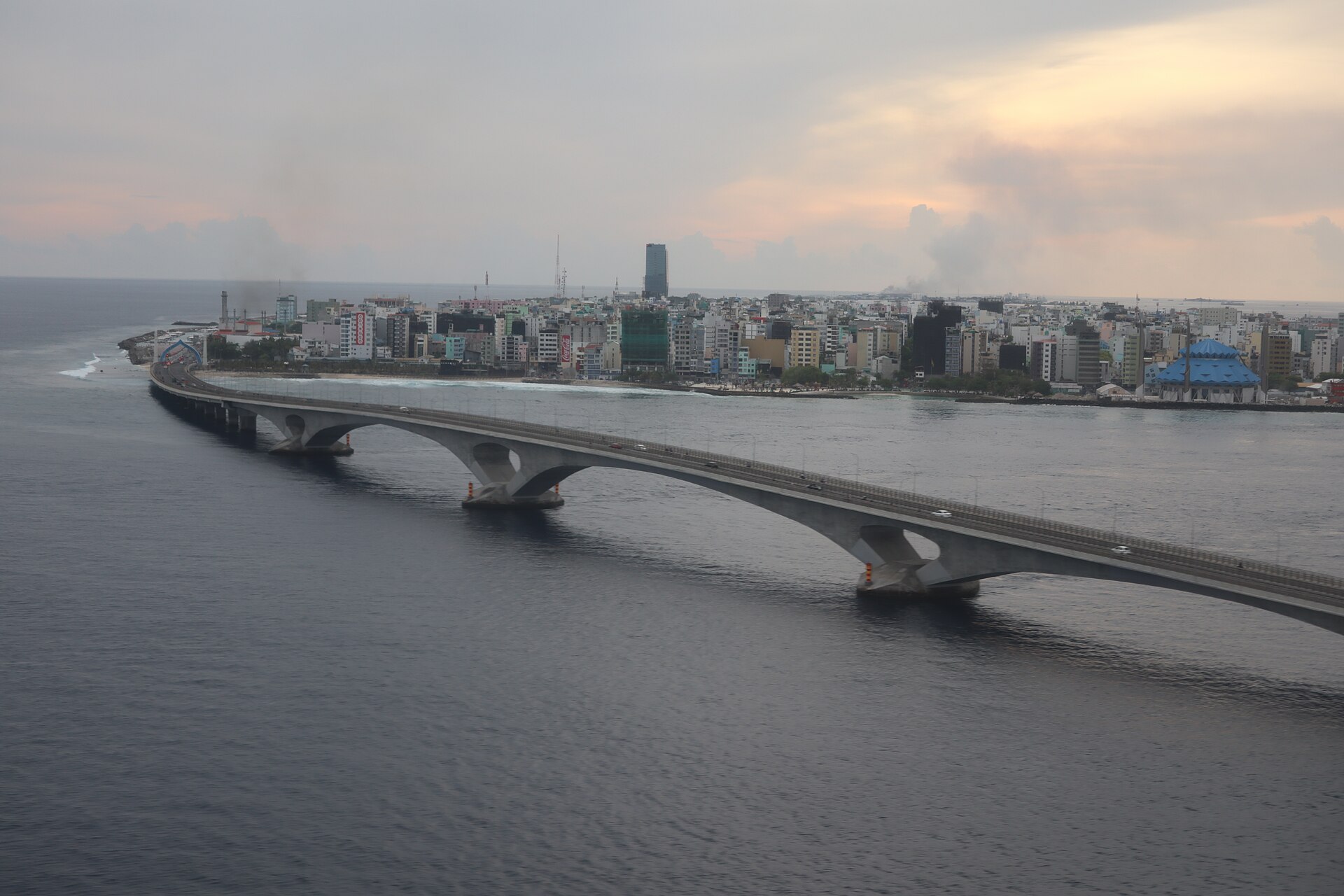 An aerial view of the Sinamalé Bridge, from above of the Hulhulé Island.