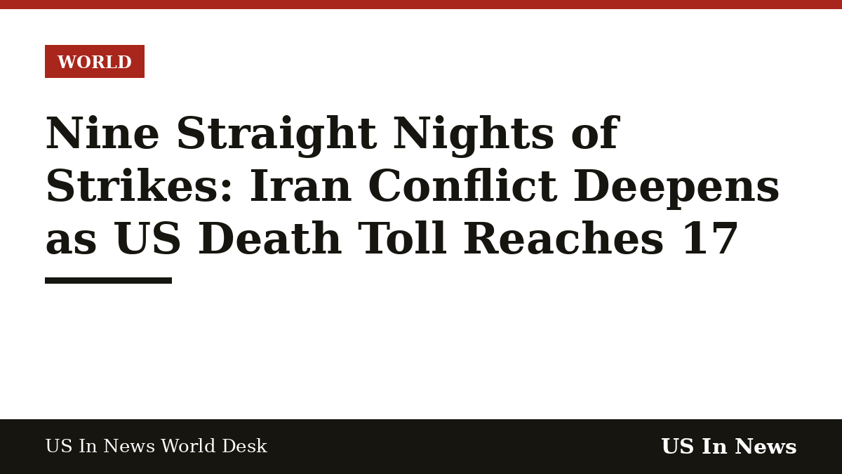 Headline card reading: Nine Straight Nights of Strikes: Iran Conflict Deepens as US Death Toll Reaches 17