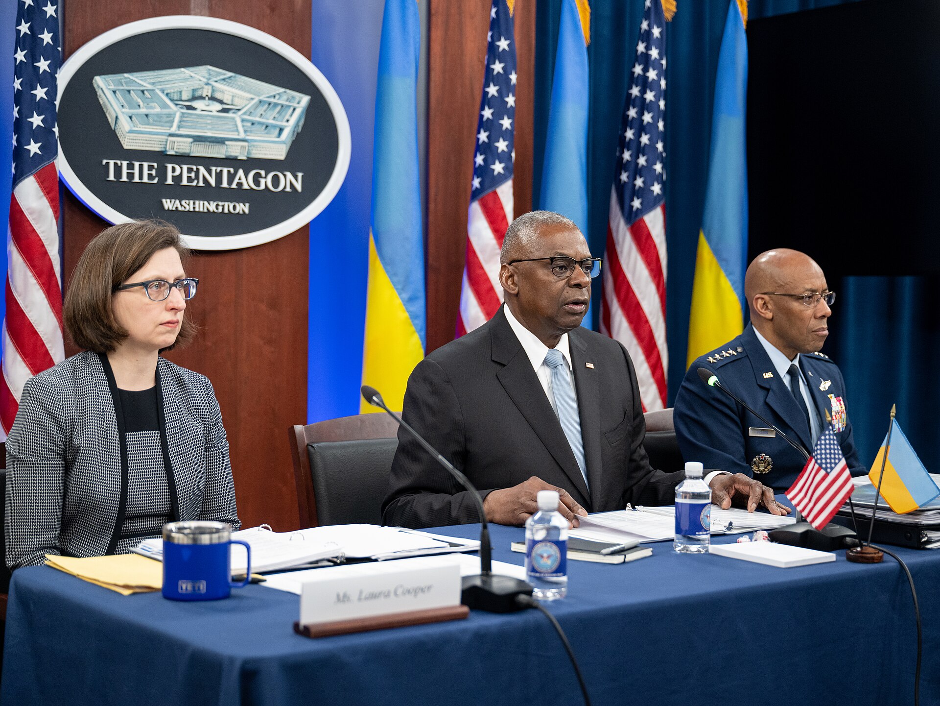 Secretary of Defense Lloyd J. Austin III, Joint Chiefs of Staff Chairman Air Force Gen. CQ Brown, Jr., and Deputy Assistant Secretary of Defense for…