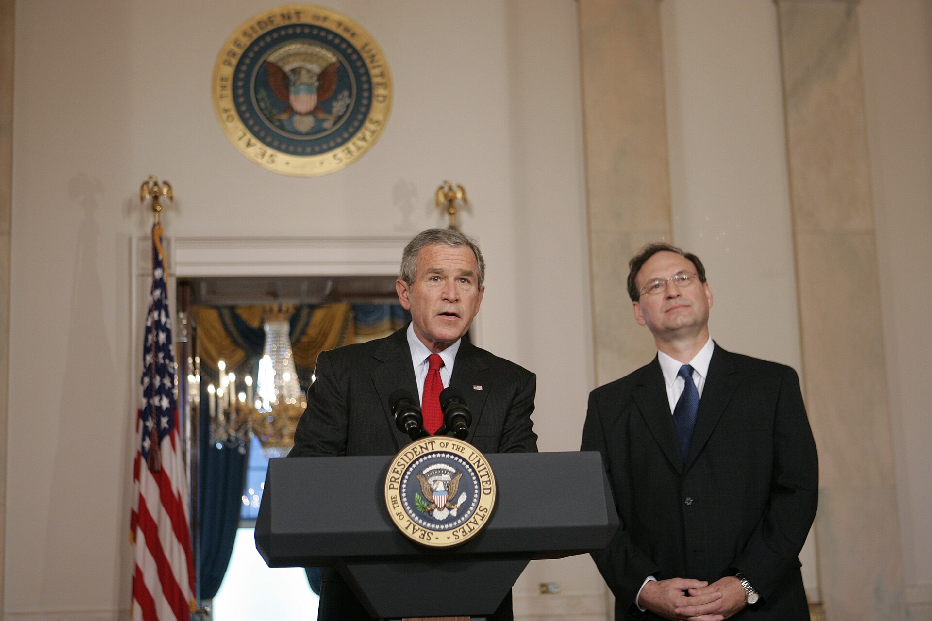 President George W. Bush announces his nomination Monday, Oct. 31, 2005, of Philadelphia Appeals Court Judge Samuel A. Alito, Jr., for Associate…